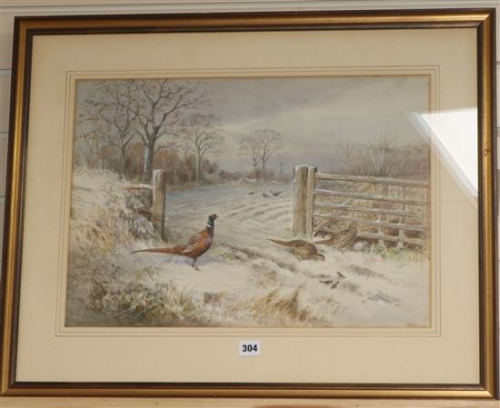 Roland Green (1896-1972), watercolour, Pheasants in the snow, 38cm x 53.5cm